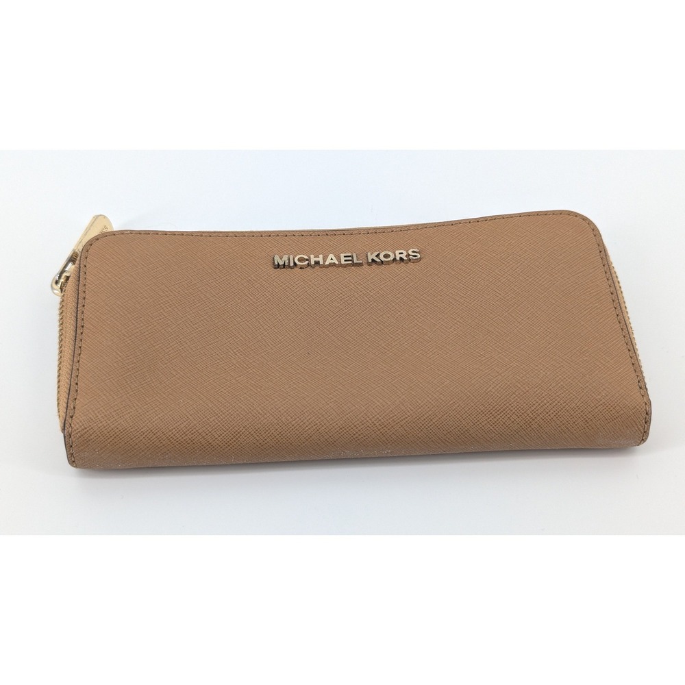 Michael Kors Jet Set Continental Wallet Saffiano Leather Tan Gold Zip Around